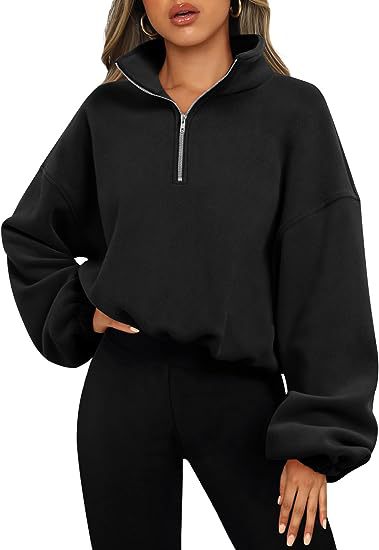 European And American Half Zipped Stand Collar Drawstring Hem Polar Fleece Shirt - Black - Tops & Tees - Carvan Mart