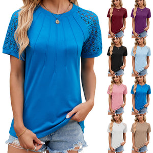 Round Neck Top Women's Lace Hollow Short Sleeve T-Shirt - - Blouses & Shirts - Carvan Mart