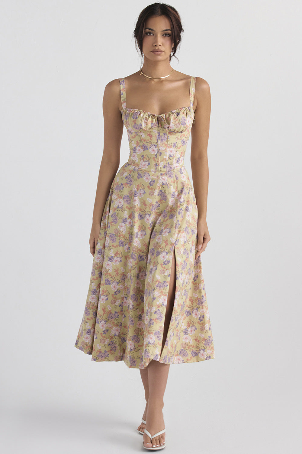 Commuter Temperament French High Split Party Dress - Purple white flower on yellow - Dresses - Carvan Mart