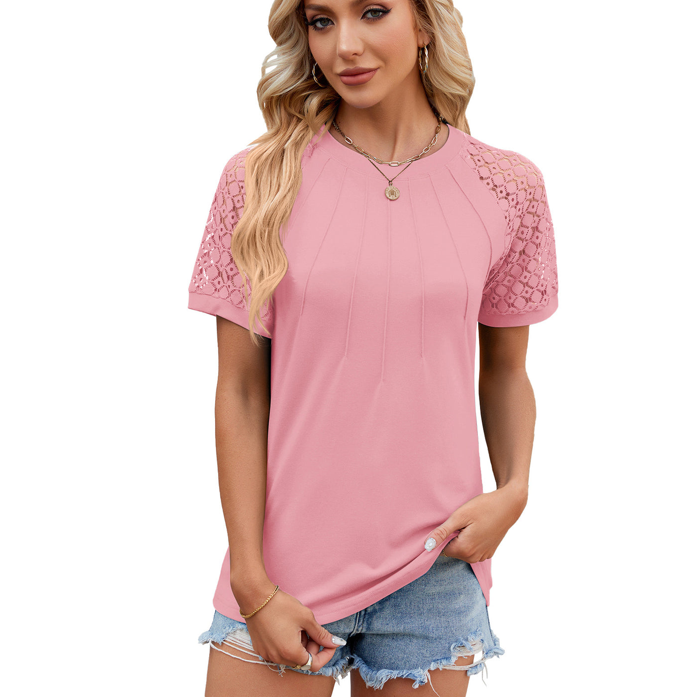 Round Neck Top Women's Lace Hollow Short Sleeve T-Shirt - Pink - Blouses & Shirts - Carvan Mart