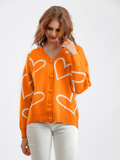 Knitwear Sweater Love Short Cardigan - Loose Fit Button-Up Cardigan for Women - Orange Free Size - Sweaters - Carvan Mart