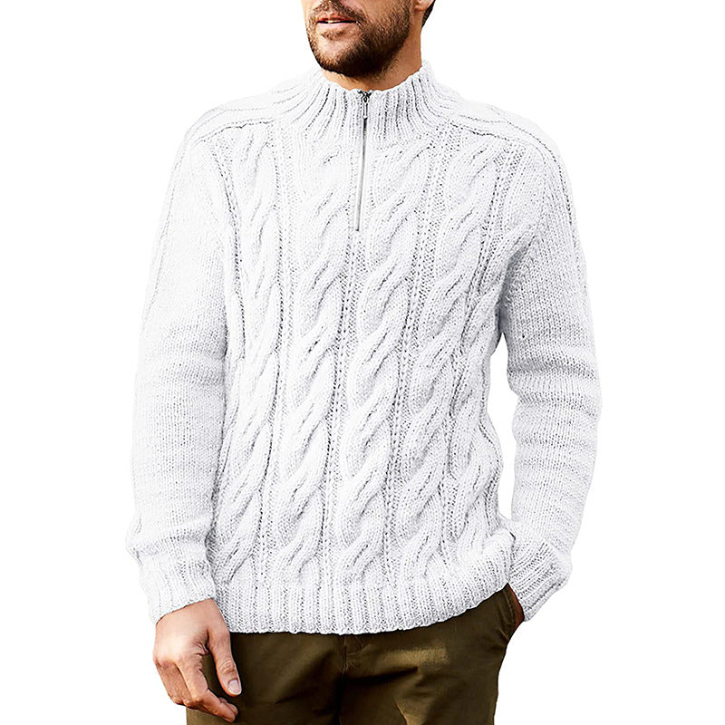 Men's Knitted Solid Color Half High Neck Long Sleeve Sweater - Fit Type with Ribbed Hem - White - Men's Sweaters - Carvan Mart