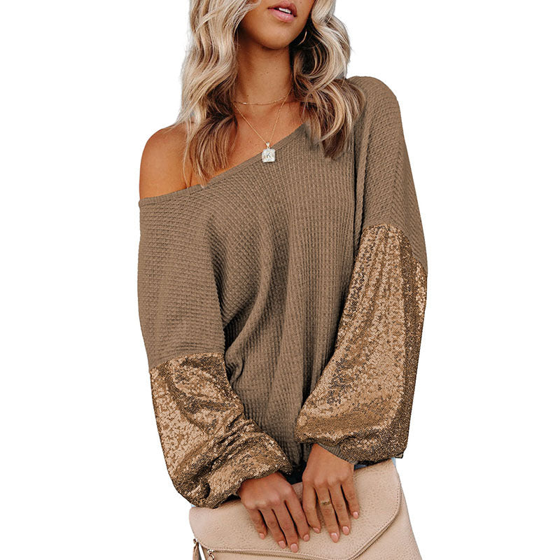 Sequined European And American Design Backless Waffle Knitted Sweater - Brown - Tops & Tees - Carvan Mart