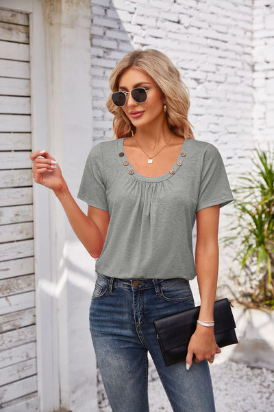 Women's Short-sleeve T-shirt Summer Button Square Collar Pleated Loose T-shirt - Grey - Blouses & Shirts - Carvan Mart