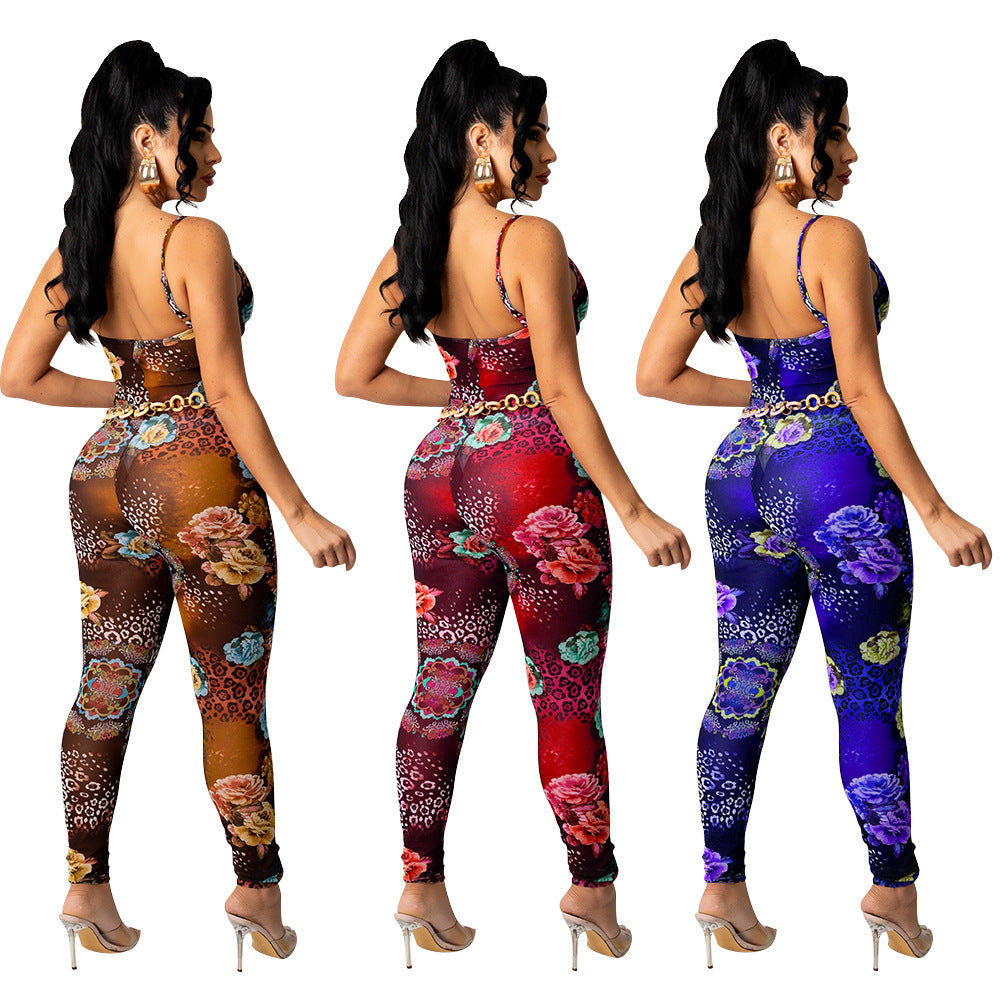 Women's Mesh Printed Jumpsuit Trousers - - Jumpsuits & Rompers - Carvan Mart