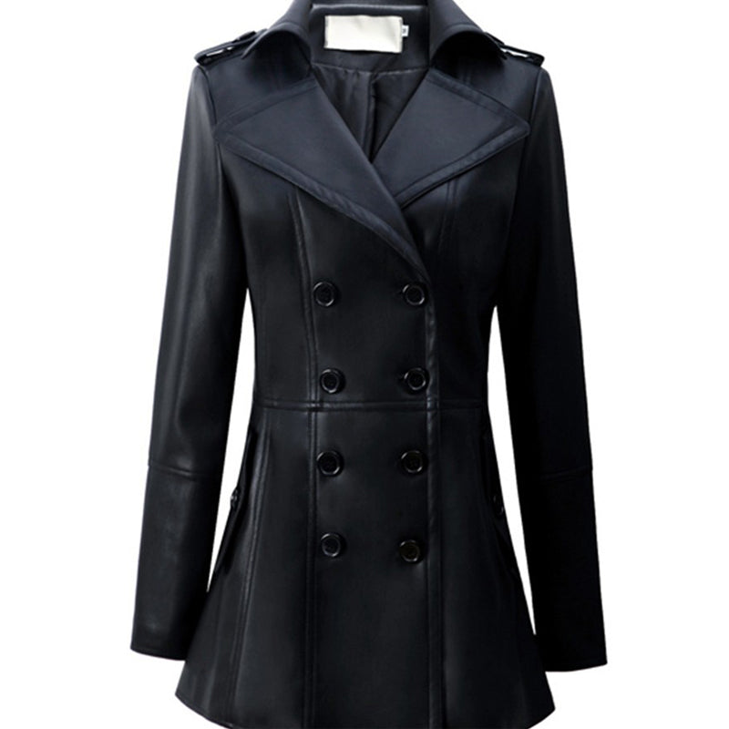 Mid-length Leather Wind Coat Women's Leather Frock Coat Design - - Leather & Suede - Carvan Mart