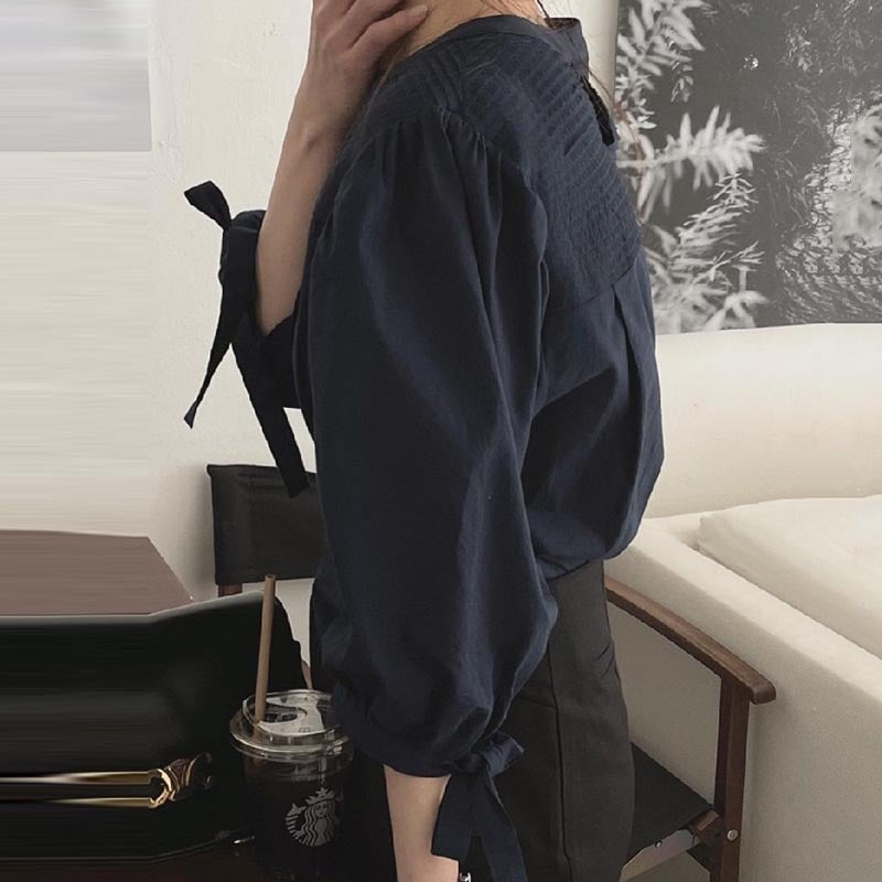 Round Neck Pleated Design Loose Bow Lace-up Lantern Sleeve Shirt Top - - Winter Tops - Carvan Mart