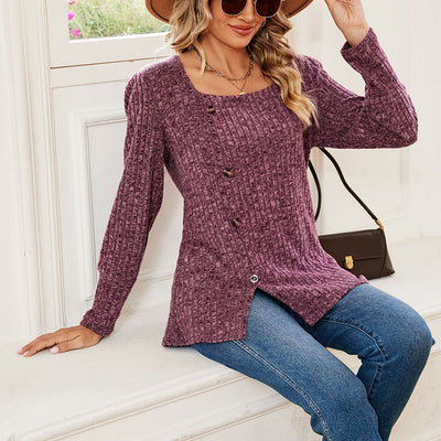 Women's Casual Loose Square Collar Button Long Sleeve Top - Carvan Mart