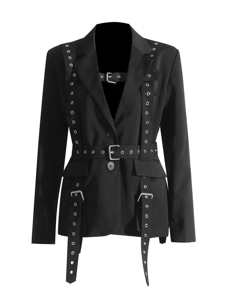 Street Style Coat Temperament Rivet Buckle Decorative Design Tight Waist Slim Suit Coat - Carvan Mart