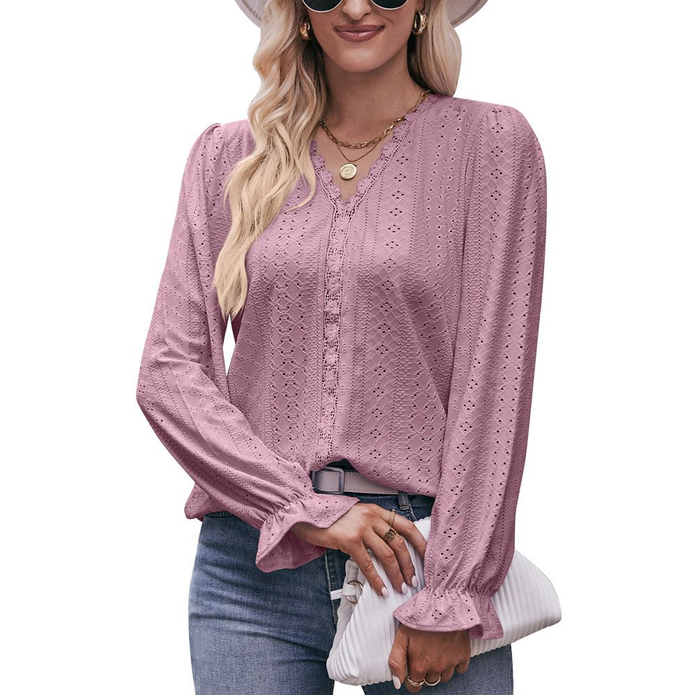 Fashion Lace V-neck Long Sleeve Top - Carvan Mart