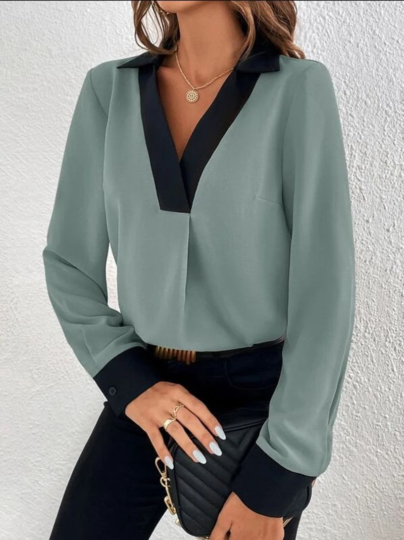 Women's V-collar Contrast Color Casual Shirt - Carvan Mart