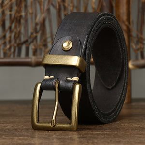 Retro Style Belt Men's Genuine Cattlehide Leather Surface Brass Buckle Denim Overalls Belt - Carvan Mart