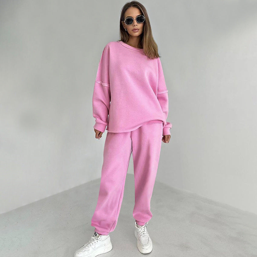 Knitted Plus Fluff Sweatshirt Pencil Pants Two-piece Set - Pink - Suits & Sets - Carvan Mart