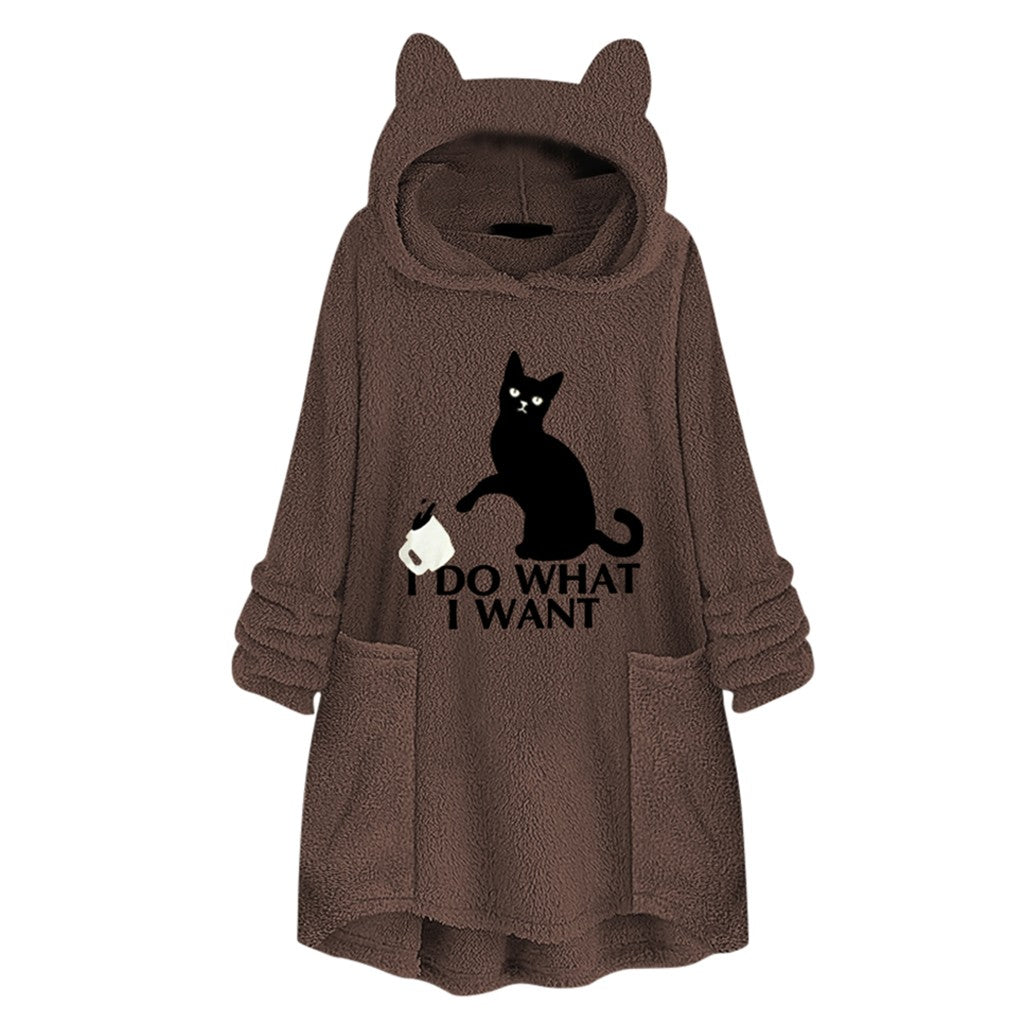 Hooded Pullover Cat Print Long Sleeved Reversible Velvet Sweater - Coffee - Women Hoodies & Sweatshirts - Carvan Mart