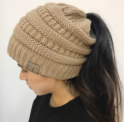 High Bun Ponytail Beanie Hat Chunky Soft Stretch Cable Knit Warm Fuzzy Lined Skull Beanie Acrylic Hats Men And Women - Carvan Mart