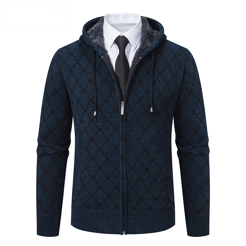 Men's Fashionable Knit Hoodie - Warm Winter Zip-Up Sweater Jacket - Navy Blue - Men's Sweaters - Carvan Mart