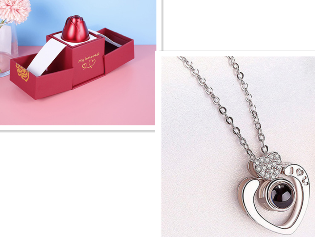 Valentine's Day Gifts Metal Rose Jewelry Gift Box Necklace Wedding Girlfriend Necklace Gifts - Silver set D - Gift - Carvan Mart