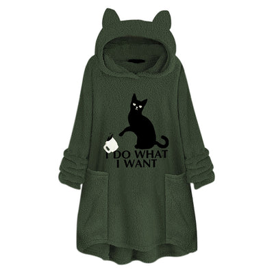 Hooded Pullover Cat Print Long Sleeved Reversible Velvet Sweater - Army Green - Women Hoodies & Sweatshirts - Carvan Mart