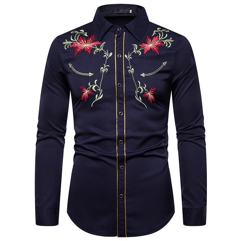 Men's Embroidery Shirt Long Sleeve Flower Shirt - Navy Blue - Men's Shirts - Carvan Mart