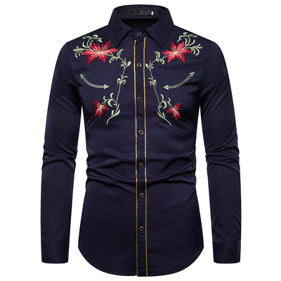 Men's Embroidery Shirt Long Sleeve Flower Shirt - Navy Blue - Men's Shirts - Carvan Mart