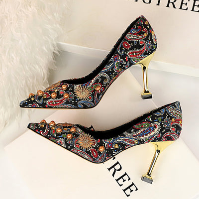 Elegant Paisley Print Gold Stiletto Heels with Embellished Details - Carvan Mart