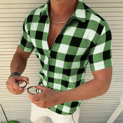 Plaid T Shirt Mens Zipper Short Sleeve Shirts Summer Men Clothing - Carvan Mart