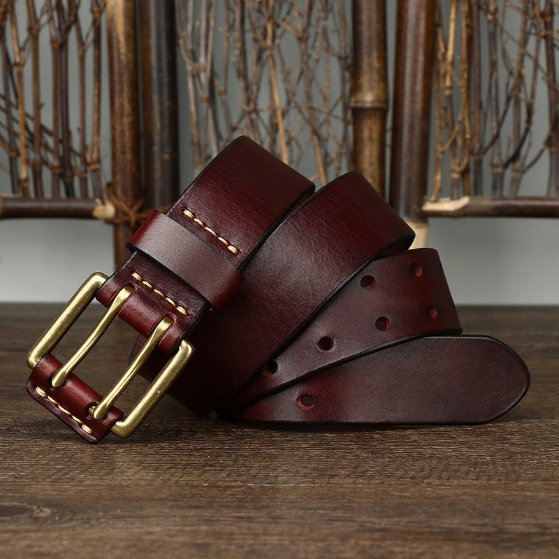 Men's First Layer Cowhide Vintage Brass Buckle Belt - 242 Red Brown - Men's Belts - Carvan Mart