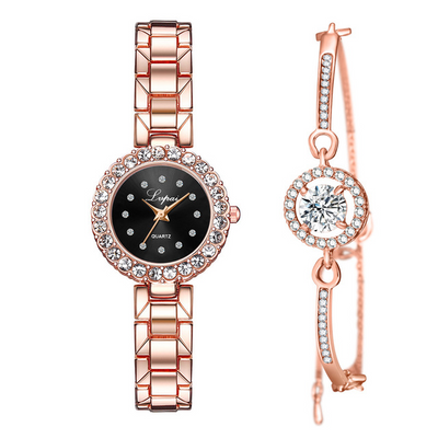 Watches-Set Bangle Clock Bracelet Wrist-Watch Quartz Women Fashion Ladies Brand Luxury - Rose gold black bracelet - Women's Watches - Carvan Mart