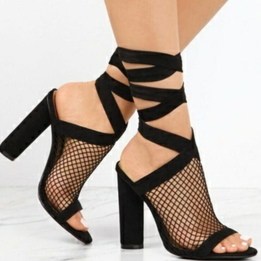 Women Sandals Bandage Flock Cross Strap Lace Up High Heels Sandal - Carvan Mart Ltd