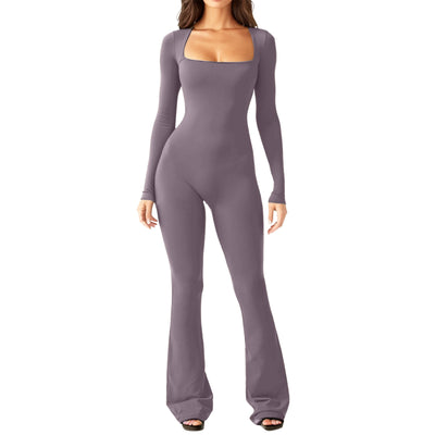 Women's Fashion Casual Long Sleeve Belly-contracting Jumpsuit - Purplish Gray - Jumpsuits & Rompers - Carvan Mart