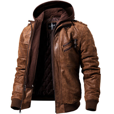 Winter Fashion Motorcycle Leather Jacket Men Slim Fit Oblique Zipper PU Streetwear - brown - Genuine Leather - Carvan Mart