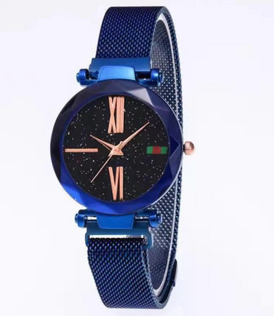 Luxury Women Watches Mesh Ladies Clock Magnet Buckle Starry Diamond Geometric Surface Quartz Wristwatch - Blue - Women's Watches - Carvan Mart