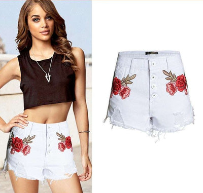 High Waisted Denim Shorts with Floral Embroidery for Women - - Women's Jeans - Carvan Mart