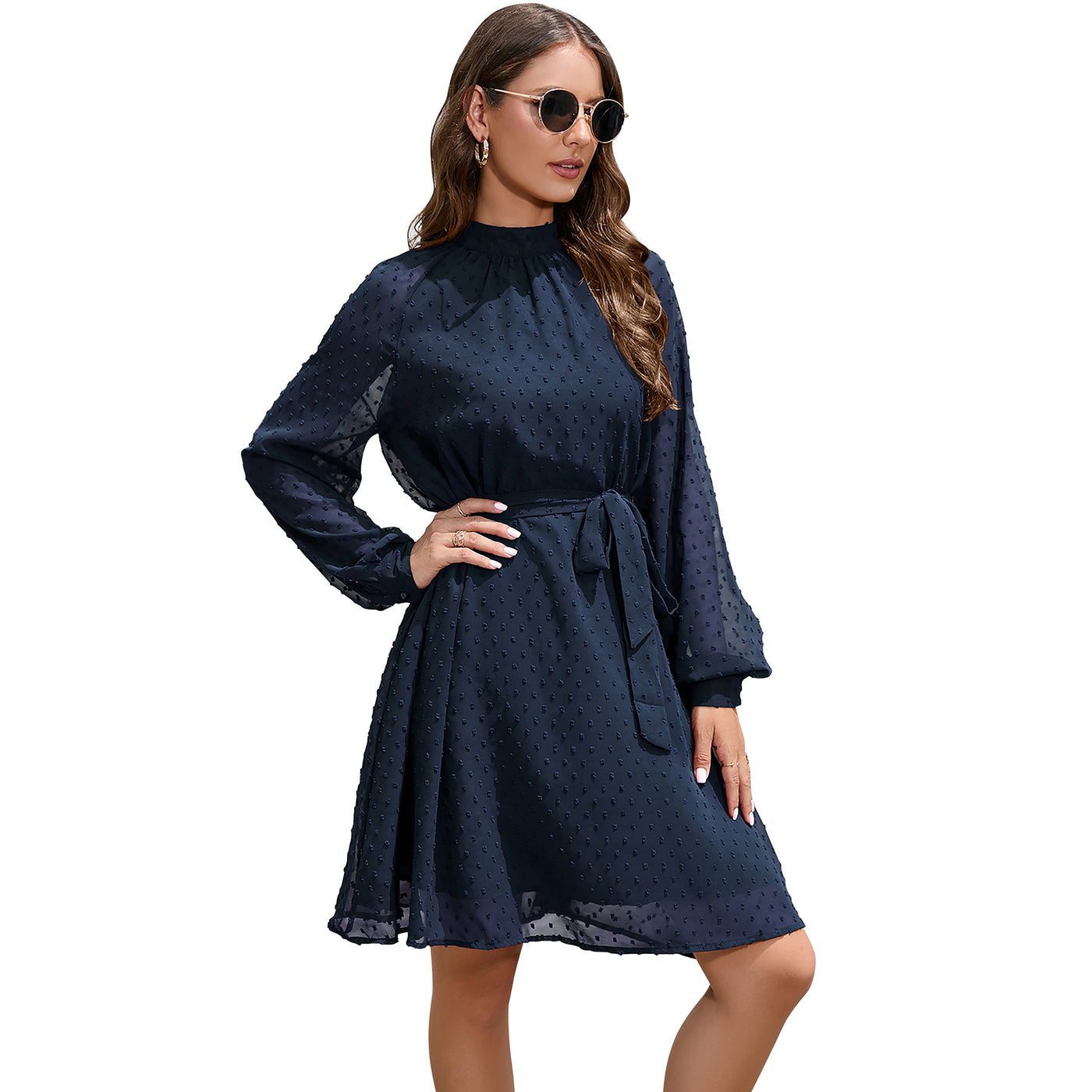 Dress Guest Wedding Long Sleeve Elegant Chiffon Polka Dot Mid-length Dress With Belt - Navy Blue - Wedding Dresses - Carvan Mart