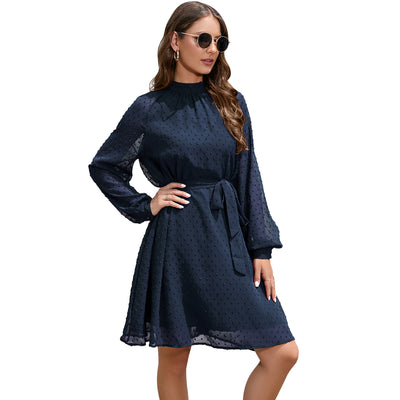 Dress Guest Wedding Long Sleeve Elegant Chiffon Polka Dot Mid-length Dress With Belt - Navy Blue - Wedding Dresses - Carvan Mart