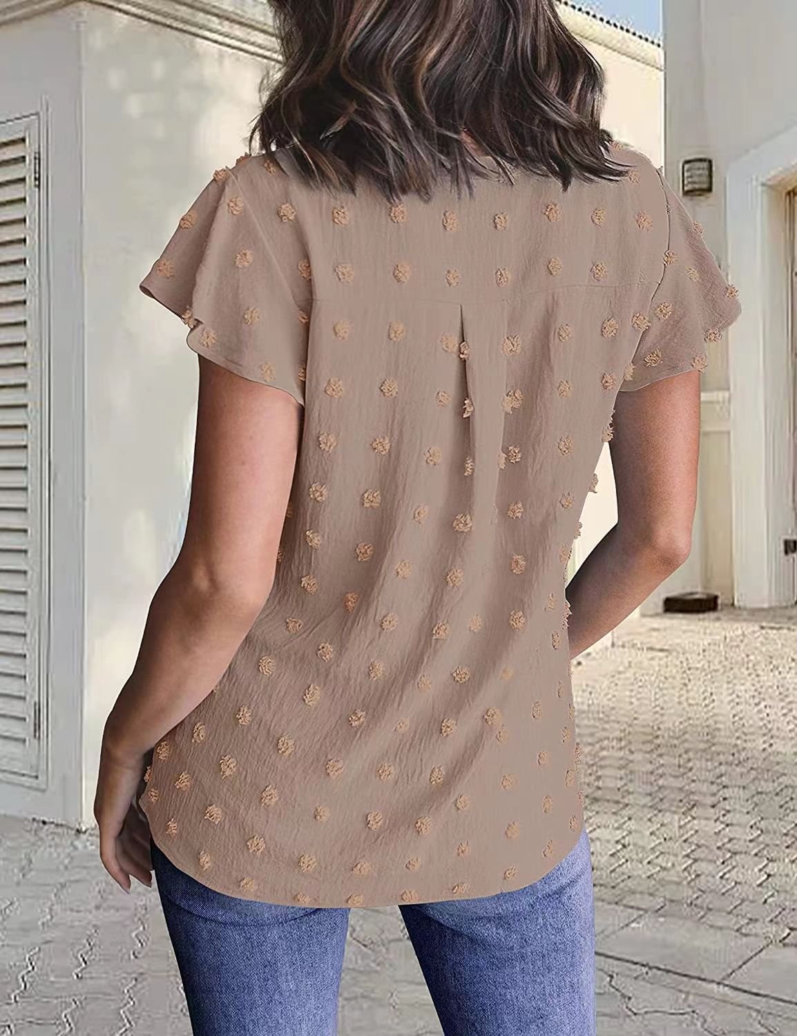 Women Summer V Neck Ruffle Short Sleeve Blouse Dot Flowy Shirt Top - - Blouses & Shirts - Carvan Mart