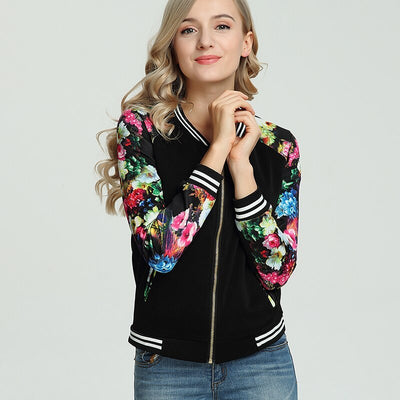 Floral Print Women's Bomber Jacket - Trendy Lightweight Zip-Up Coat - Carvan Mart