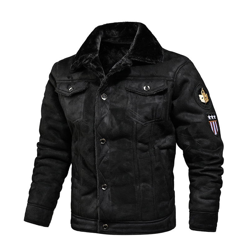 Winter Men Turn-down Collar Leather Jacket Outwear Warm Pilot Windbreak - Black - Genuine Leather - Carvan Mart