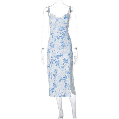 Women's Summer Dress Lace Flowers Print Long Dress Slit Suspender Dress