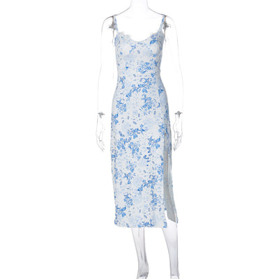 Floral Summer Dresses For Women Slit Suspender Long Dress - Carvan Mart