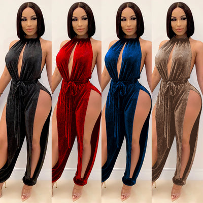 Lace-up Stretch Split Women's Jumpsuit - - Jumpsuits & Rompers - Carvan Mart