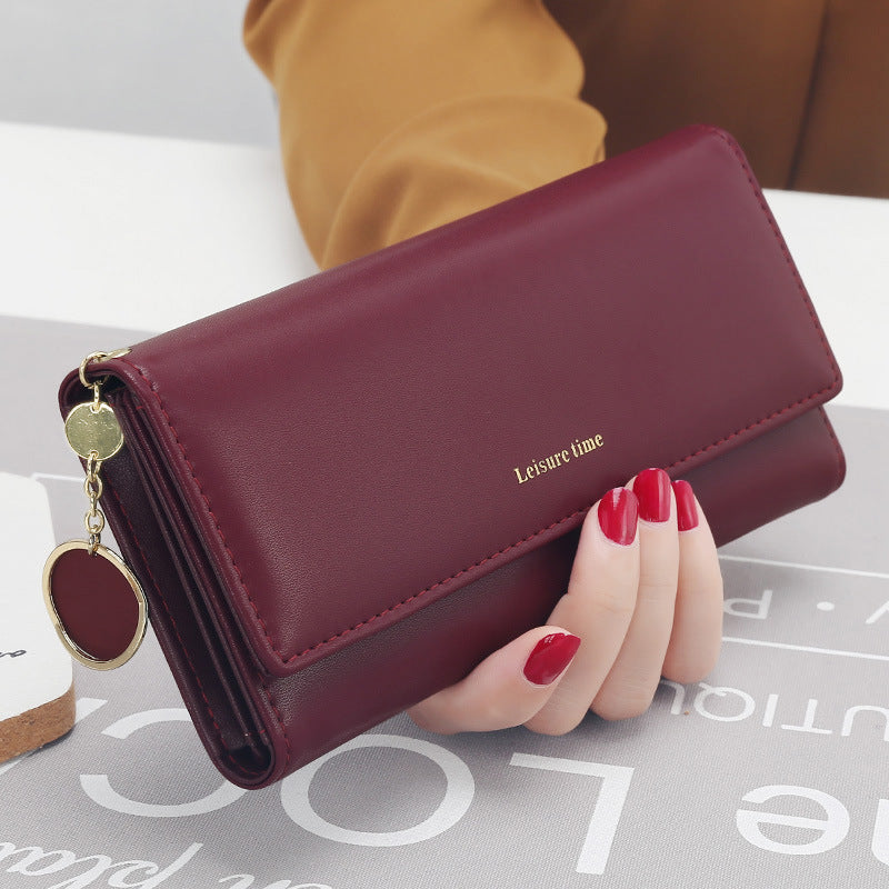 Women's hand holding wallet female long section new Japanese and Korean personality pendant multi-function student wallet - Wine red - Women's Wallet - Carvan Mart