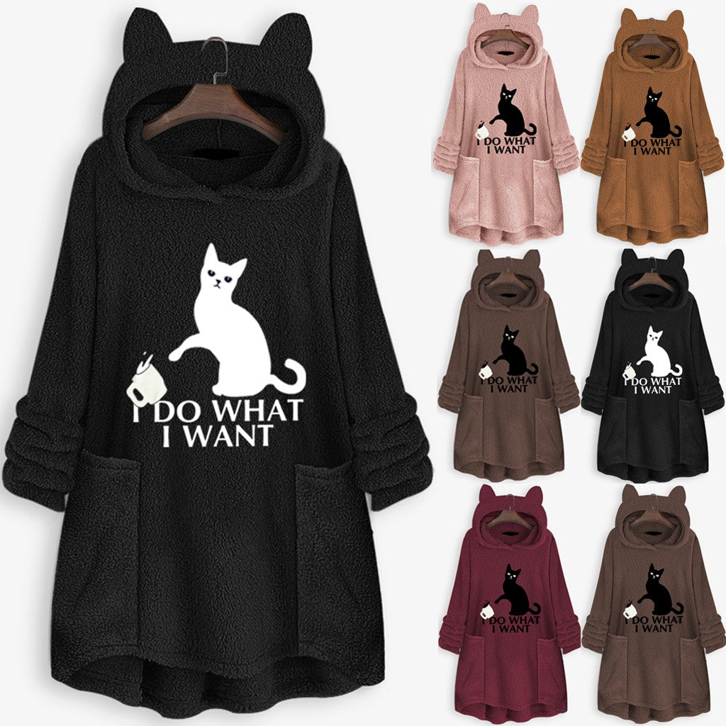 Hooded Pullover Cat Print Long Sleeved Reversible Velvet Sweater - - Women Hoodies & Sweatshirts - Carvan Mart