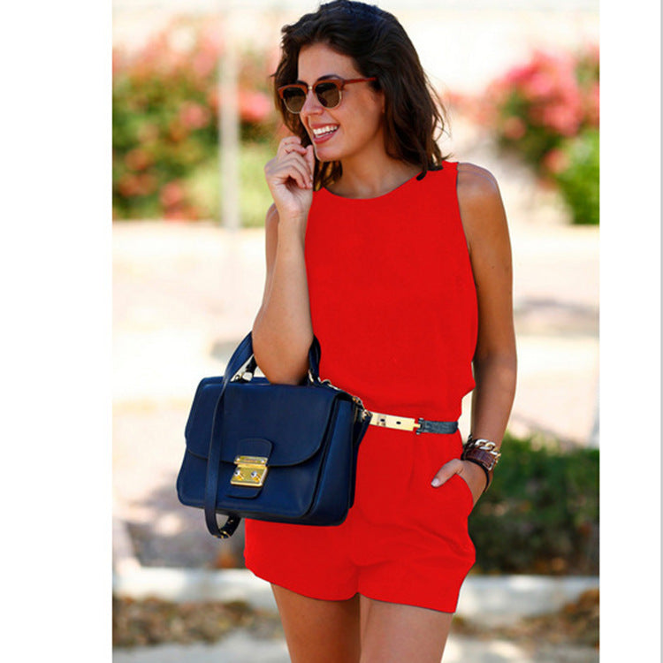 Fashion sexy backless waist belt pocket ladies jumpsuit - Red - Jumpsuits & Rompers - Carvan Mart