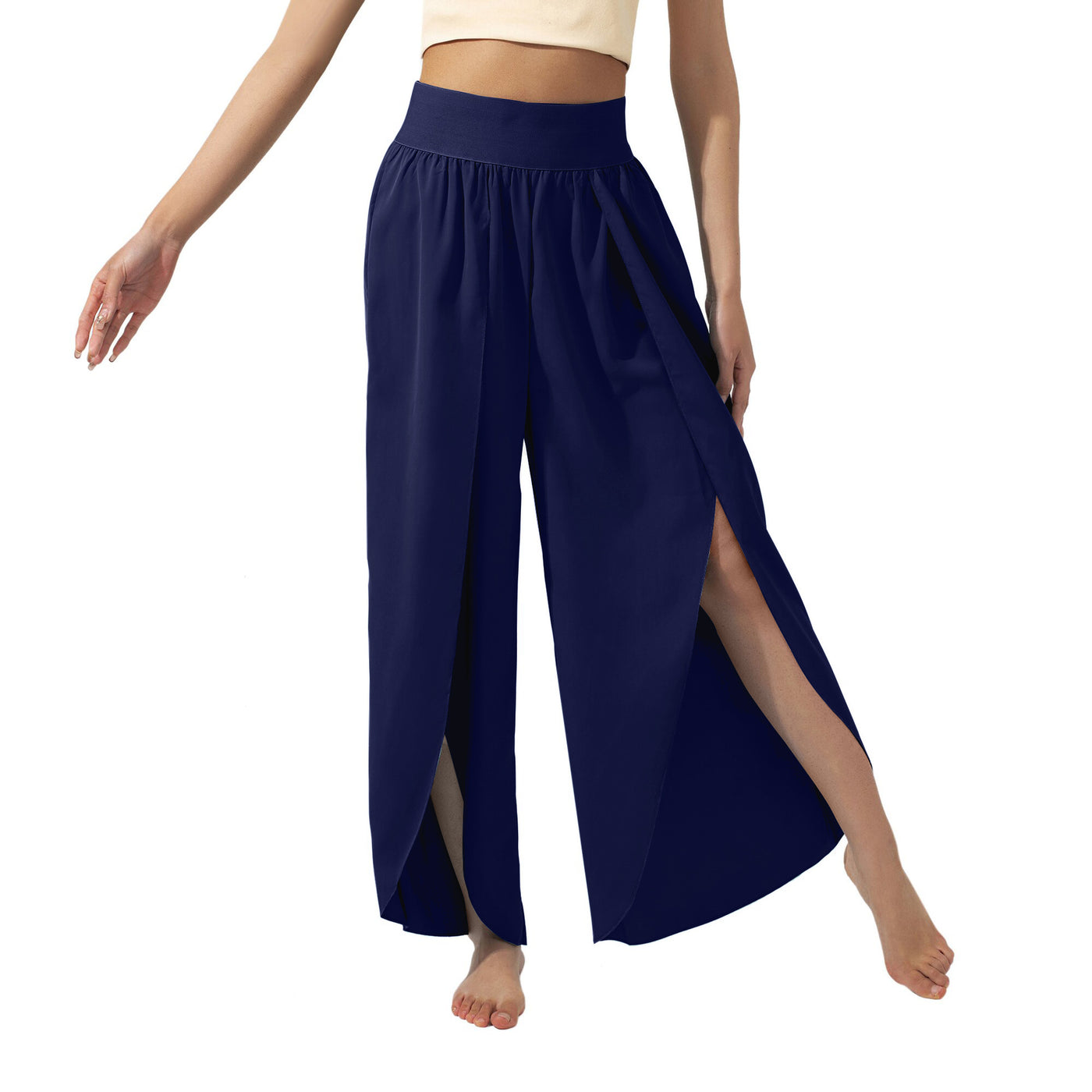 Flowy High-Waisted Split Leg Pants - Beachwear Boho Palazzo in Teal - Dark Blue - Pants & Capris - Carvan Mart