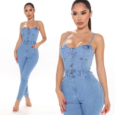 Stylish Denim Jumpsuit for Women - Trendy Button-Up Skinny Fit Romper - - Jumpsuits & Rompers - Carvan Mart