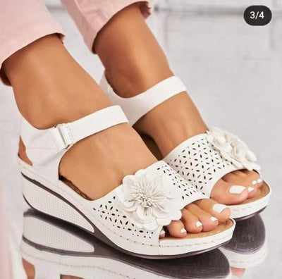Women's Summer Plus Size Hollow-out Flower Platform Wedge Sandals - White - Women's Sandals - Carvan Mart