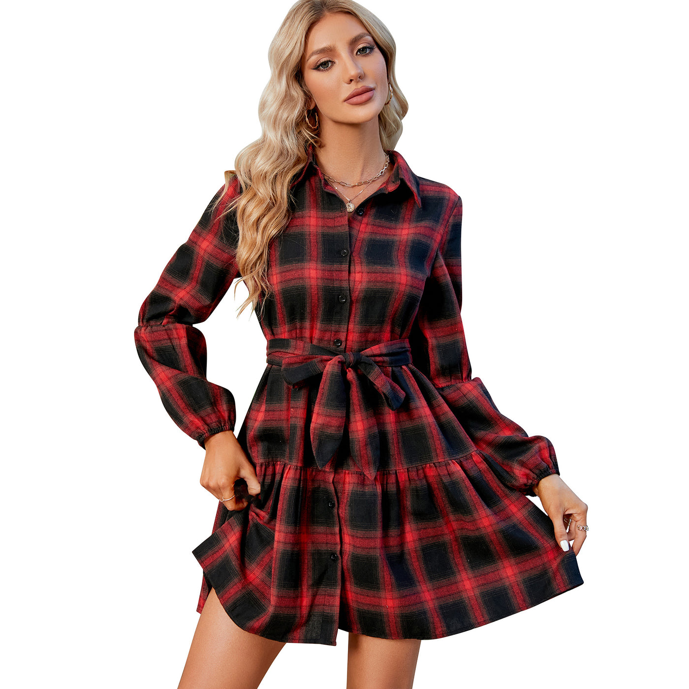 Women's Plaid Waist Dress - Adjustable Waist Cocktail Party Dress in Red and Black Stripes - Carvan Mart