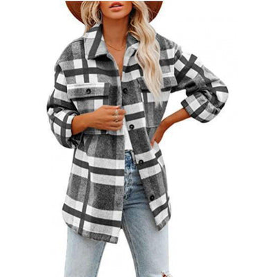 Women's Fashionable Woolen Plaid Shirt Jacket - Grey - Blouses & Shirts - Carvan Mart