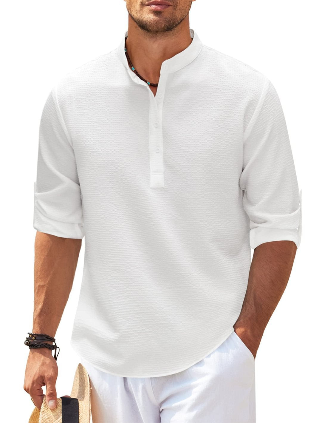 Men's Casual Long Sleeve Stand Collar Solid Color Shirt - White - Men's Shirts - Carvan Mart